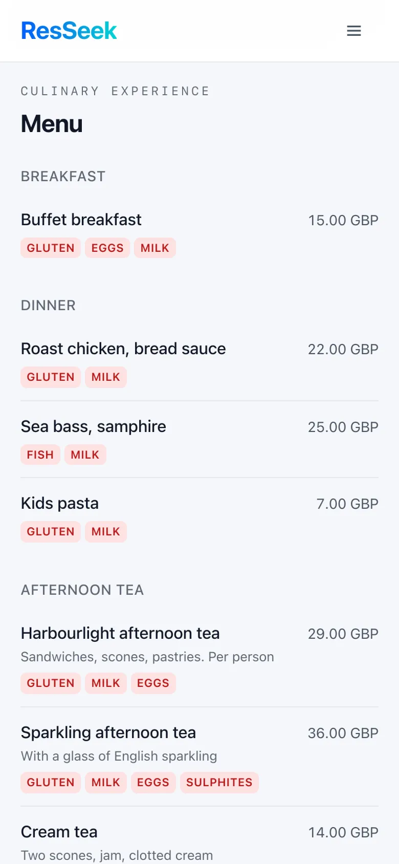 Menu with allergen information on a phone