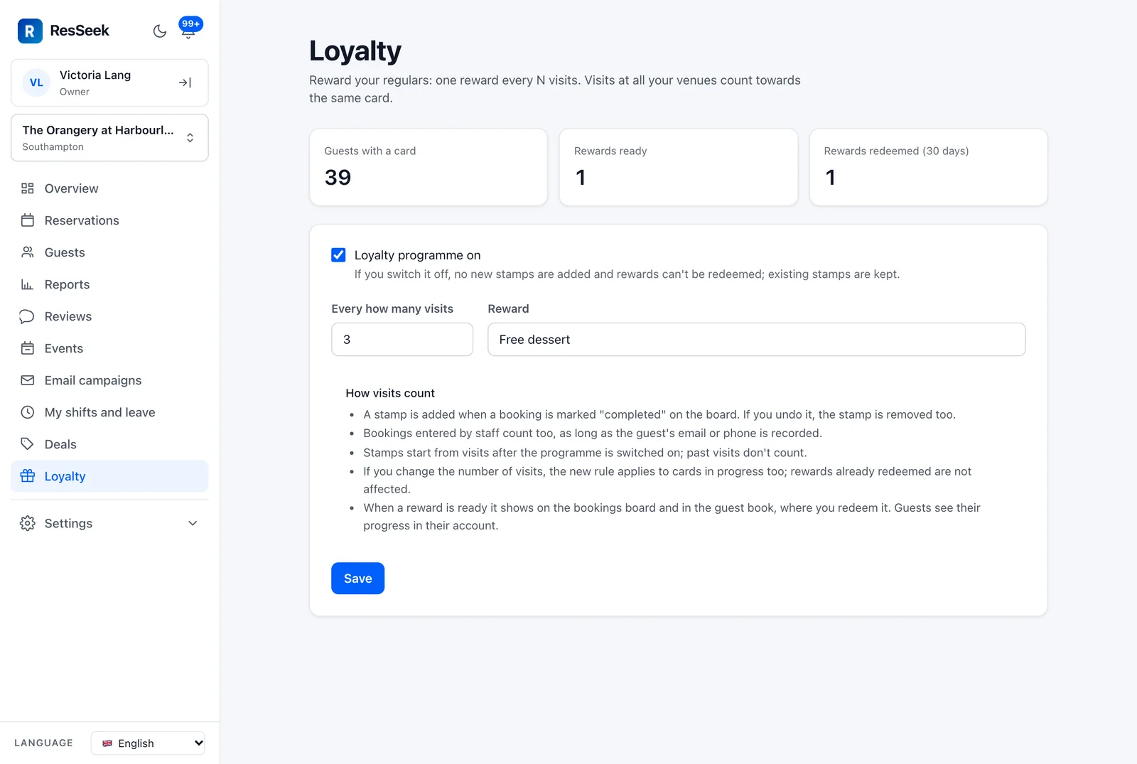 ResSeek loyalty settings: a reward after every few visits, with cards and rewards in progress